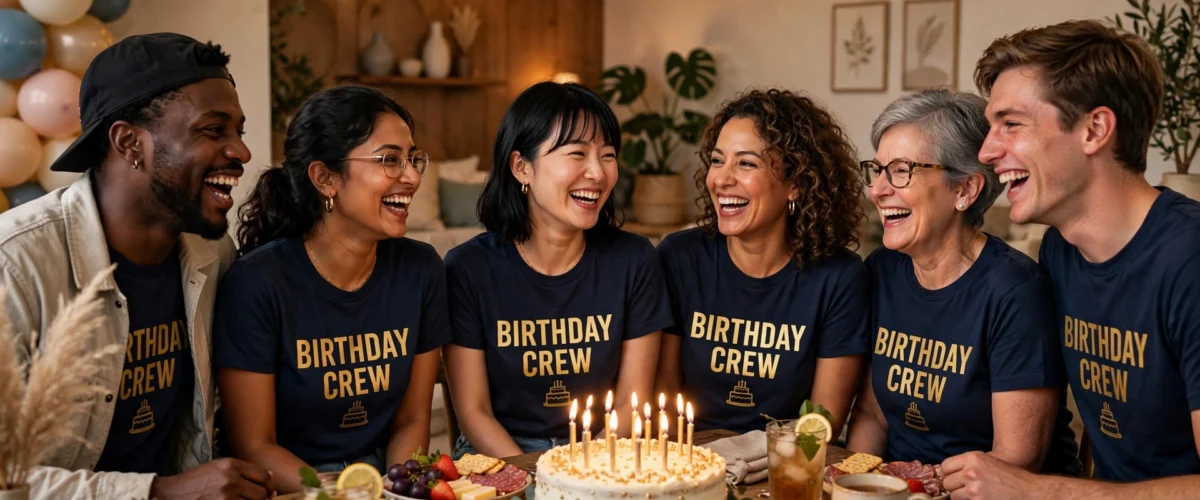 Custom Birthday T-Shirts Friends wearing custom BIRTHDAY CREW t-shirts at a birthday party