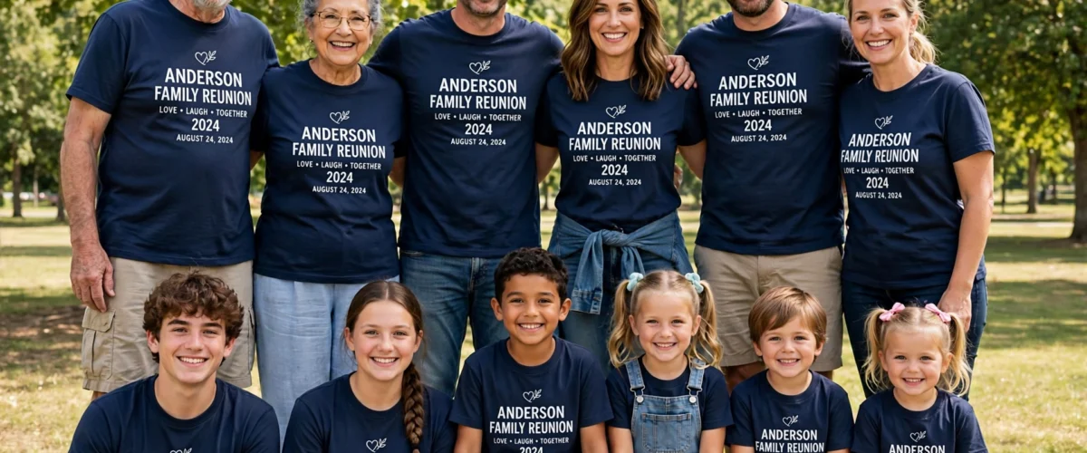 Custom Family Reunion T-Shirts Family wearing custom ANDERSON FAMILY REUNION 2024 t-shirts in a park