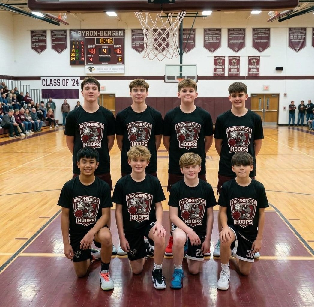 Byron-Bergen Hoops youth basketball team wearing custom black team shirts