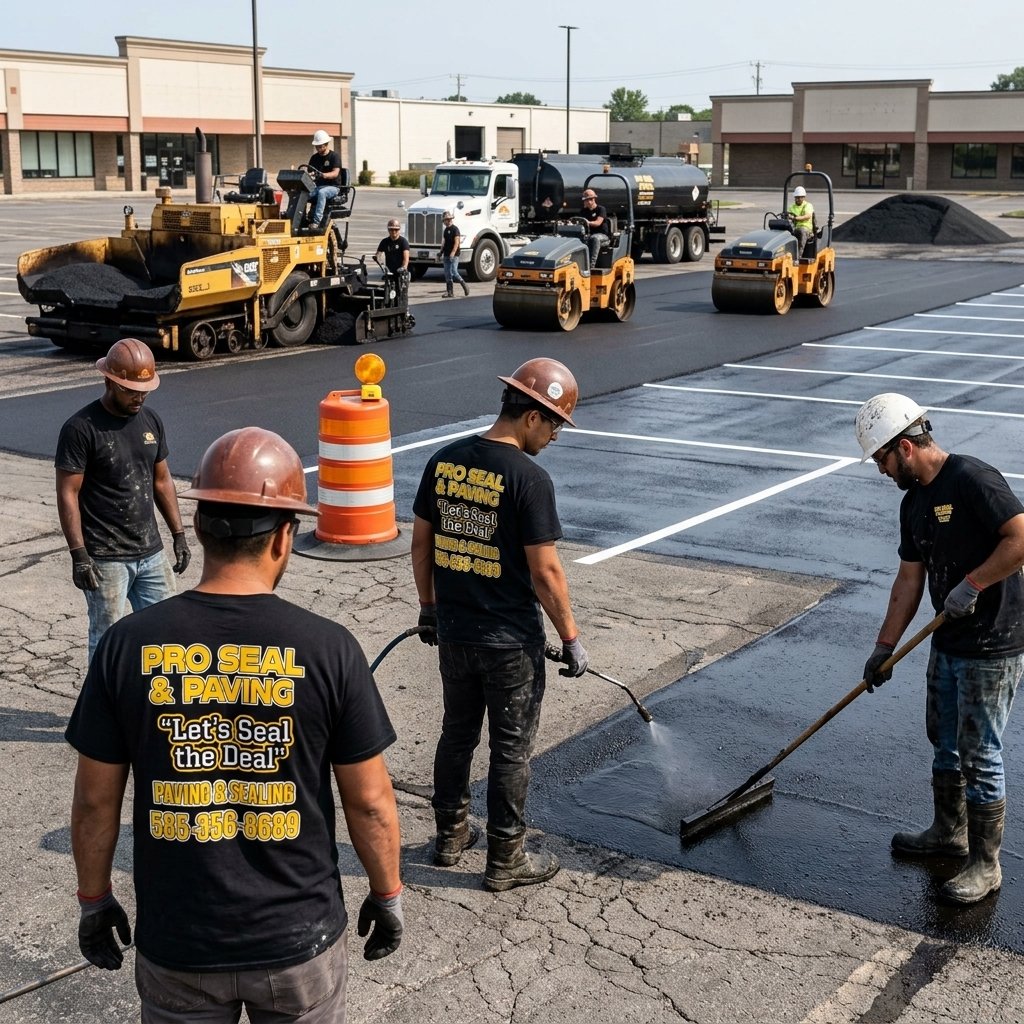 Pro Seal and Paving crew wearing custom company shirts on a paving job